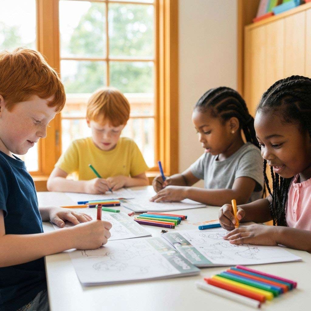 Children enjoying printable worksheets and activities